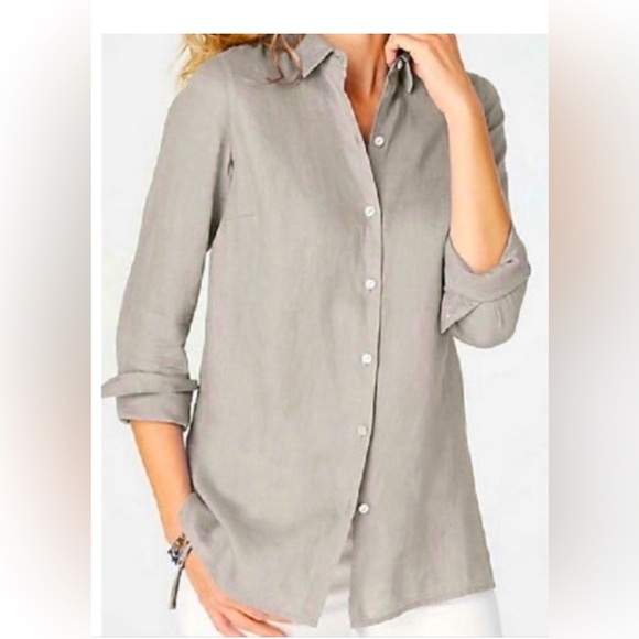 J.Jill Love Linen Essential Button Down Shirt in a gray silver color , size S - Picture 1 of 10